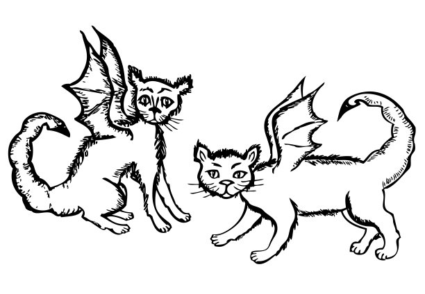 两个有翅膀的神话狮尾猫的轮廓图图片下载