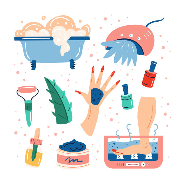 家庭spa的夜晚。美丽的过程。皮肤护发保健。美甲、修足。水按摩。娱乐，自我照顾，放松，休息。浴室,淋浴。平面手绘矢量插图，集，贴纸。图片下载
