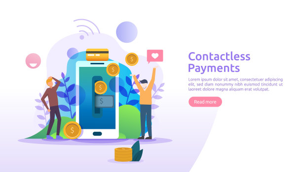 移动支付或转账概念。使用智能手机NFC技术进行非接触、无线或无现金支付。模板为网页登陆页，横幅，演示，社会媒体，印刷媒体图片下载