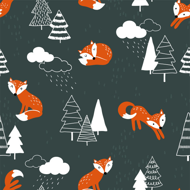可爱的涂鸦狐狸无缝图案，可爱的手绘背景-伟大的孩子，对纺织品，横幅，壁纸-矢量设计图片下载