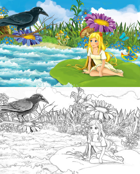 卡通场景与美丽的女孩、精灵公主和动物鸟的素描图片下载