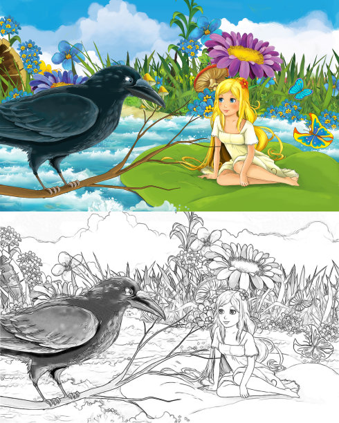 卡通场景与美丽的女孩、精灵公主和动物鸟的素描图片下载