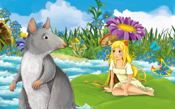 卡通场景与年轻美丽的小女孩在森林里航行在河上的叶子上有一只野生老鼠或老鼠图片下载