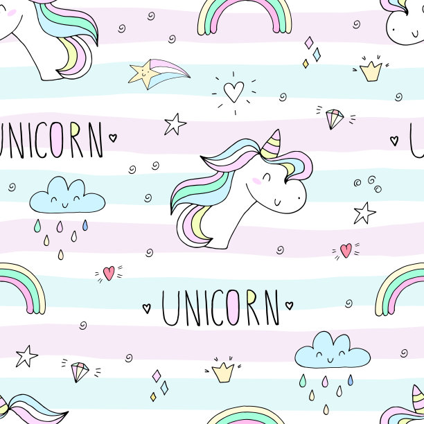 可爱的手绘独角兽图案。创意儿童手绘纹理的织物，包装，纺织品，墙纸，服装。图片下载
