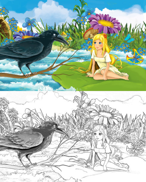 卡通场景与美丽的女孩、精灵公主和动物鸟的素描图片下载