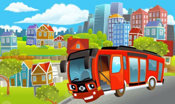 卡通的快乐和有趣的场景，一个城市的中心与公共汽车行驶图片下载