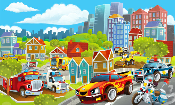 卡通的快乐和有趣的场景与汽车驾驶和飞机飞行的城市中心图片下载