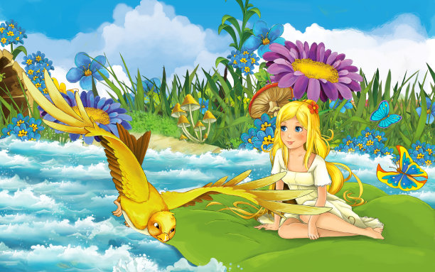 卡通场景中，一个年轻美丽的小女孩在森林里与一只野鸟在树叶上航行图片下载