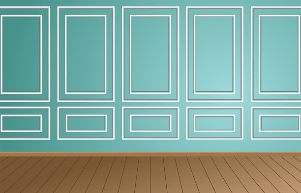 透视的绿色墙壁空房间和棕色木地板，古典的室内风格。图片下载