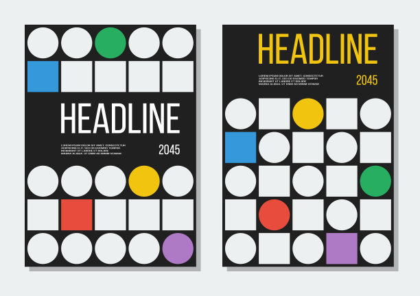 几何封面设置黑色背景，白色和彩色的圆圈和正方形图片下载