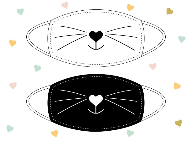 甜美的微笑猫鼻子黑在白色的背景和倒置。面具或其他装饰用的一套设计。图片下载