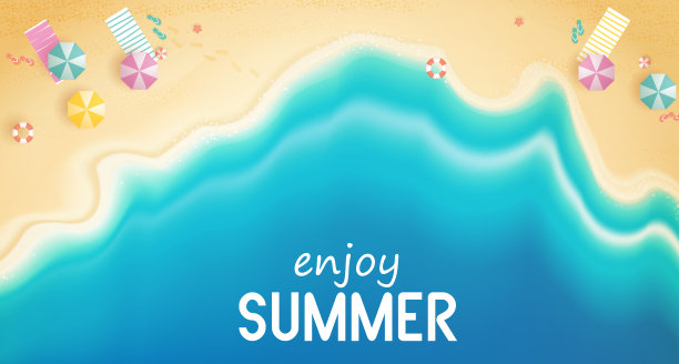 俯视图夏天与水玩设备放置在海滩上。沙滩背景有游泳圈、凉鞋、雨伞、球、海星和大海。矢量插图。图片下载