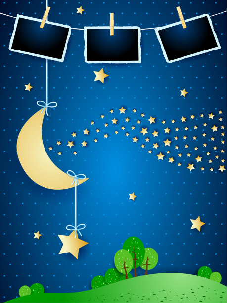 超现实的风景与月亮，星波和相框图片下载