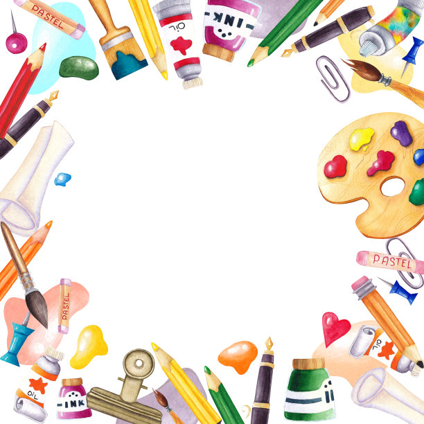 水彩框架与手绘艺术用品，刷子，颜料，铅笔，蜡笔，和艺术家的其他工具。回到学校。图片下载