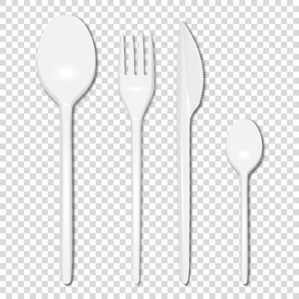 矢量3d现实的餐具-白色塑料一次性叉子，勺子和刀的图标设置隔离在透明的背景。前视图。设计模板，模拟图形，品牌标识，打印图片下载