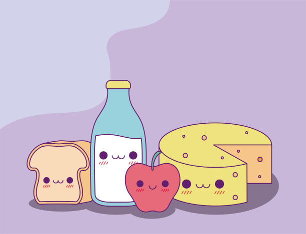 卡哇伊面包、牛奶瓶、苹果和奶酪矢量设计图片下载