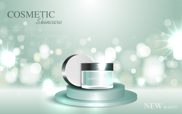 补水面霜年度特卖或节日特卖。绿色膏霜设置面膜瓶隔离在亮片颗粒背景，用于产品展示。优雅的化妆品广告，矢量插图图片下载