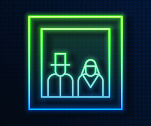 发光的霓虹线家庭照片图标孤立在蓝色背景。向量图片下载