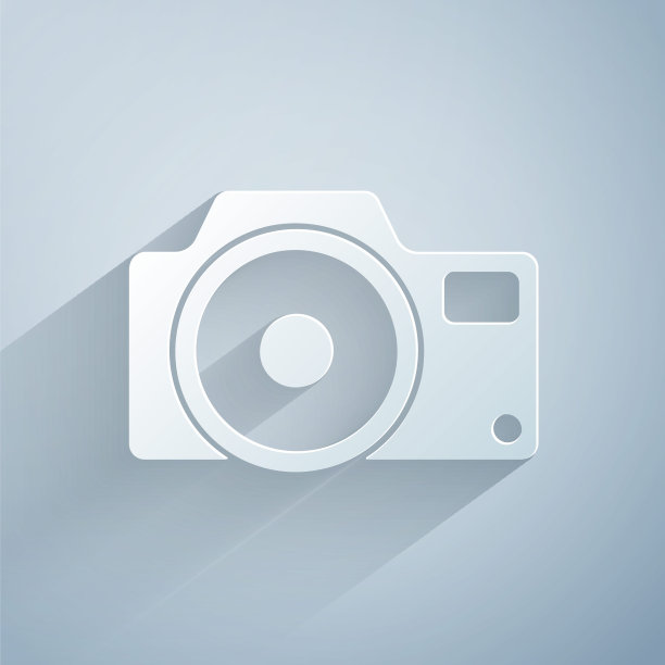 剪纸照片相机图标孤立在灰色背景。与相机图标。纸艺术风格。向量图片下载