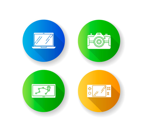 移动设备平面设计长阴影字形图标集。袖珍电子产品。导航助手，游戏机。笔记本电脑,相机照片。数码工具。剪影RGB彩色插图图片下载