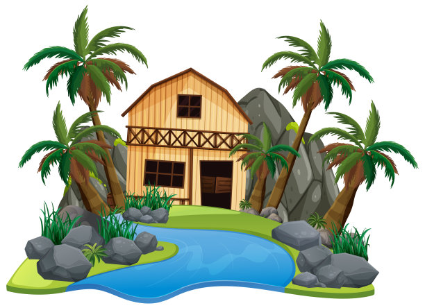 白色背景上的木屋场景图片下载