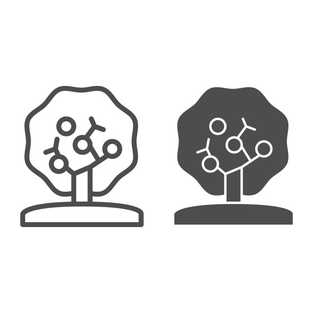 苹果树线和固体图标，自然概念，树剪影标志在白色背景，苹果树与苹果图标在轮廓风格的移动概念和网页设计。矢量图形。图片下载