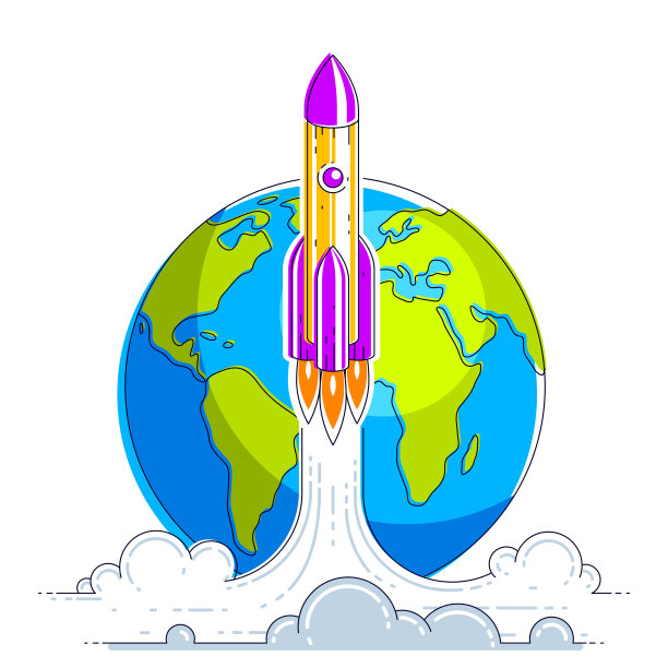 火箭从地球飞向太空，去发现未被发现的星系。探索宇宙，有趣的空间科学。细线3d矢量插图孤立在白色。图片下载