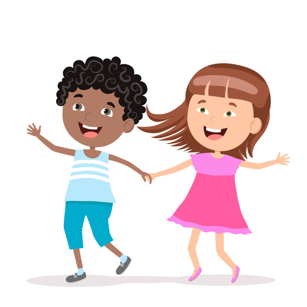一个男孩和一个女孩的不同国籍的微笑和手牵手走。图片下载
