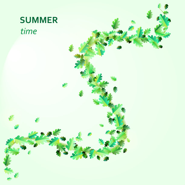 矢量插图的夏季横幅。树枝呈对角线弯曲。孤立的绿色橡树狐狸在一个精致的背景。新鲜的心情。图片下载