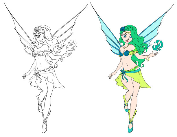 春天卡通仙女飞。概述为着色书孤立在白色背景。手绘涂鸦插图。图片下载