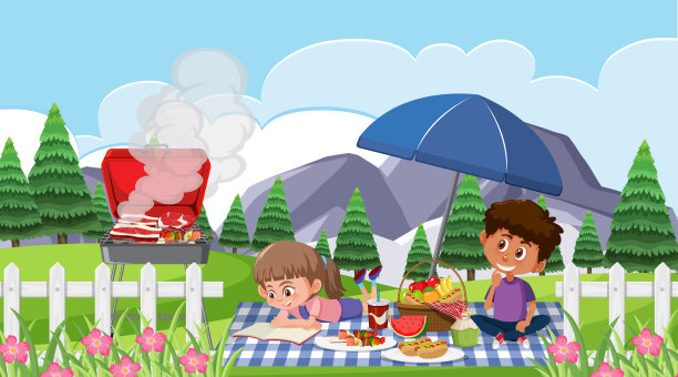 快乐的孩子们在公园里吃饭的场景图片下载