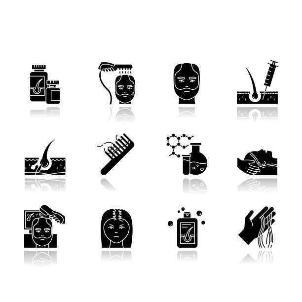 脱发下降阴影黑色字形图标设置。头发根部。脱发的治疗。手上的发丝和发丝。理疗及注射治疗脱发。孤立的矢量插图上的空白图片下载