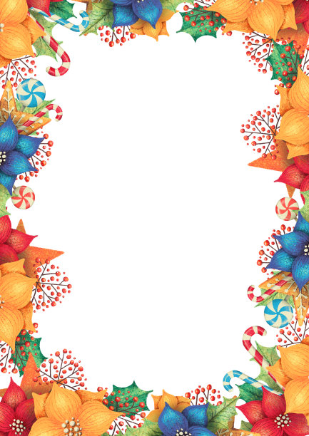 长方形圣诞框，卡片或邀请用一品红，棒棒糖，糖果，姜饼，浆果。图片下载