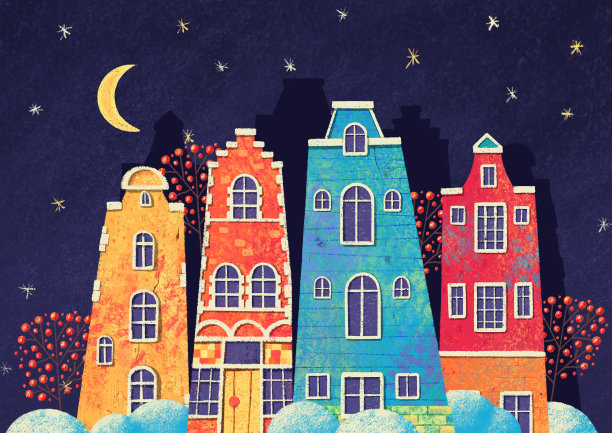 夜晚的城市街道有房子，浆果，星星，月亮和雪。图片下载