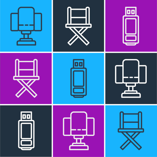 设置线导演电影椅，u盘和导演电影椅图标。向量图片下载