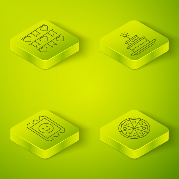 设置等距蛋糕燃烧蜡烛，LSD酸标志，披萨和嘉年华花环旗帜图标。向量图片下载