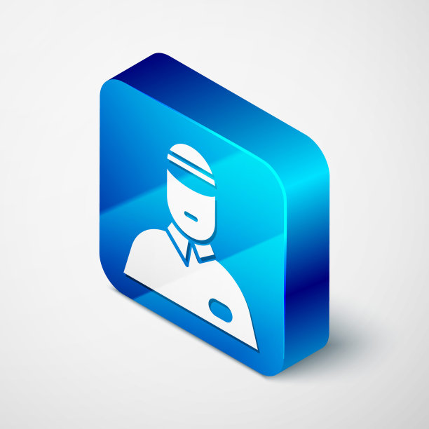 等距卖方图标孤立在灰色背景。蓝色方块按钮。矢量图图片下载