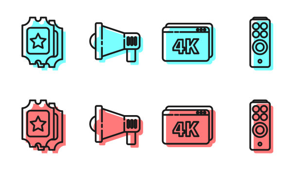 设有在线播放4k视频、电影票、扩音器和遥控图标。向量图片下载