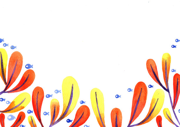 抽象红、黄海藻与鱼校水彩手绘边作暑期装饰。图片下载