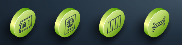 设置等距安全，护照，花园栅栏木制和铁丝网图标。向量图片下载