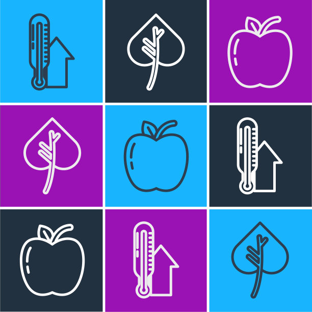 设置线气象温度计，苹果和树叶或树叶图标。向量图片下载