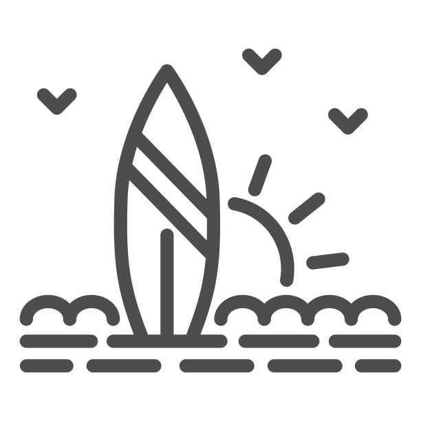 冲浪板和海滩日落线图标，夏天的概念，在白色的背景冲浪标志，冲浪板上的沙图标在移动概念和网页设计的轮廓风格。矢量图形。图片下载