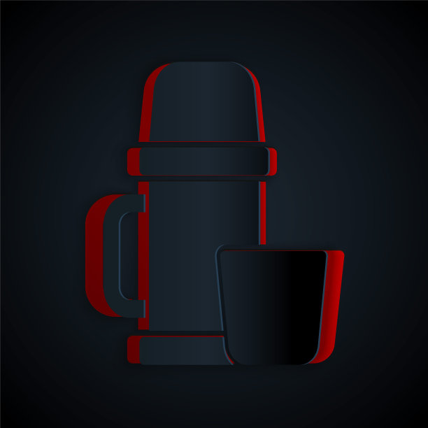 剪纸热水瓶容器和杯子图标隔离在黑色背景。热瓶图标。露营和徒步旅行的装备。纸艺术风格。矢量图图片下载