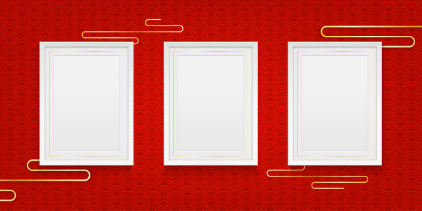三张逼真的白色照片或相框，红色背景，中式风格。矢量图图片下载