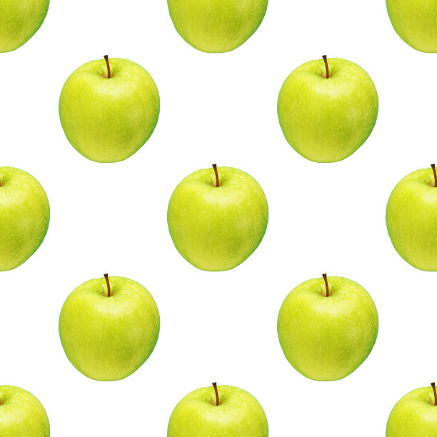 白色背景上的绿苹果图案。孤立的水果。图片为织物，墙纸和包装纸图片下载
