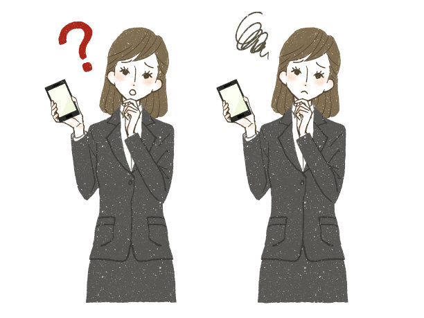 一个穿着西装的女人带着怀疑和不满拿着智能手机图片下载