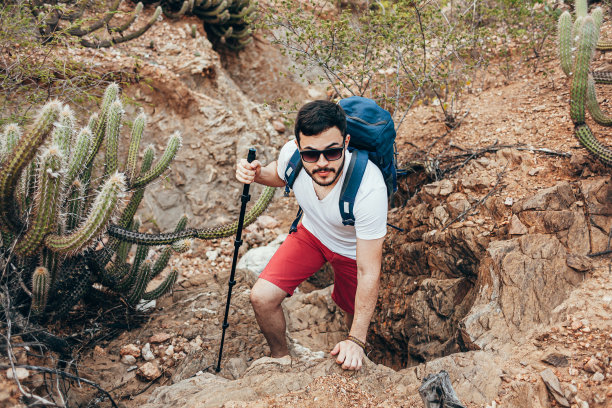 年轻的背包客在巴西半干旱地区卡廷加徒步旅行图片下载
