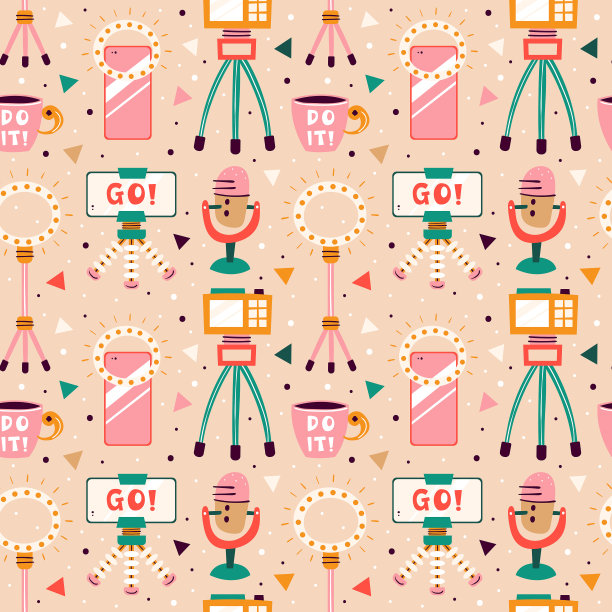 博客、视频博客。拍摄项目。相机，智能手机，三脚架，闪电，自拍，溪流，杯子。平面彩色矢量无缝图案，纹理，背景，背景孤立的米色背景。图片下载