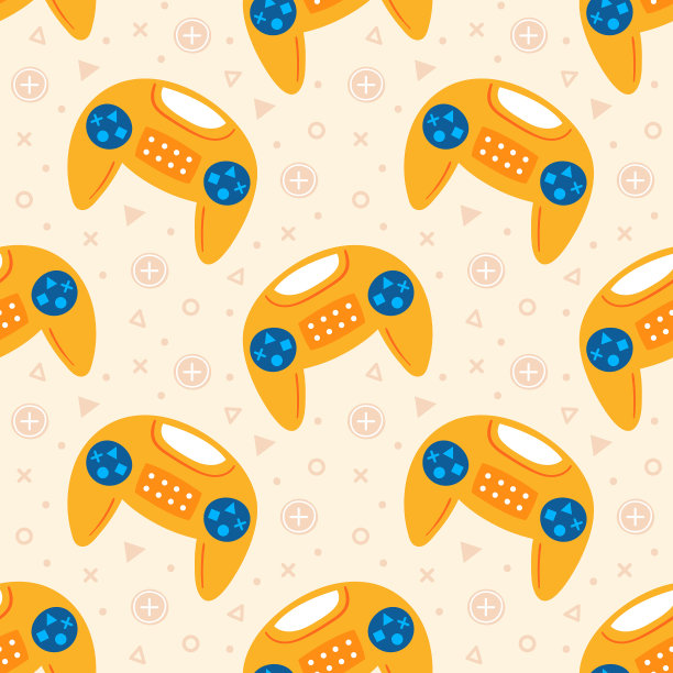 视频游戏的主题。可爱的黄色操纵杆飞行与十字架和三角形的米色背部。电脑游戏，流媒体，博客，视频博客。平面手绘矢量无缝模式，纹理，背景，背景。图片下载