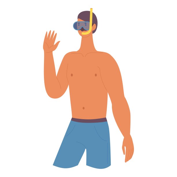 年轻男子戴着水肺潜水面罩被隔离在白色上。矢量概念假期字符与问候手势击掌。图片下载